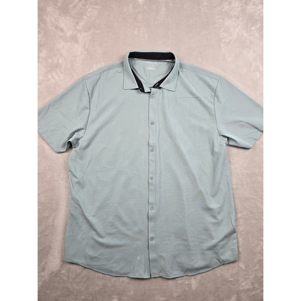 Kenneth Cole New‎ York Button Up Shirt Mens XXL Green Short Sleeve Nylon Spandex